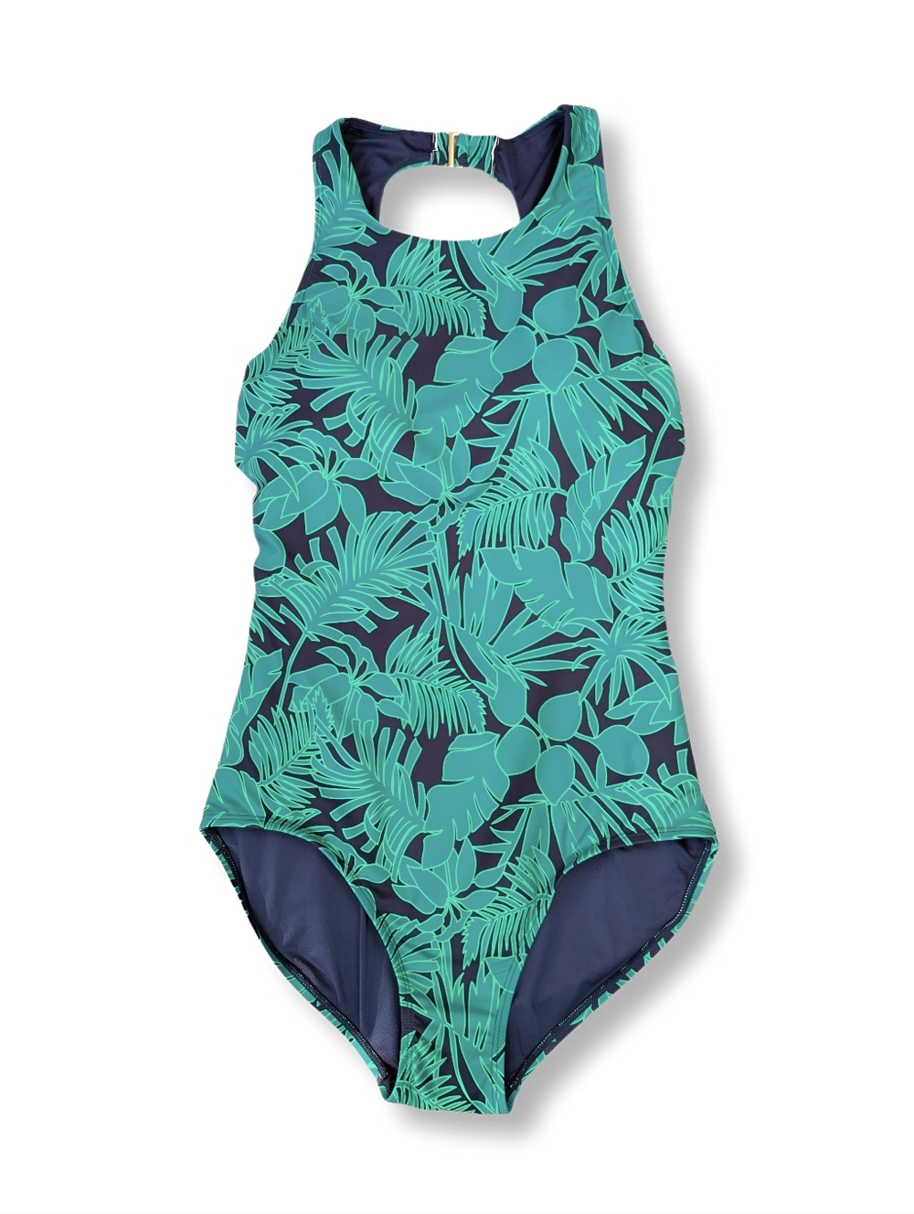 NWOT Lands' End Womens One-Piece Swimsuit Tropical Green Navy Pattern Size L - Picture 3 of 7